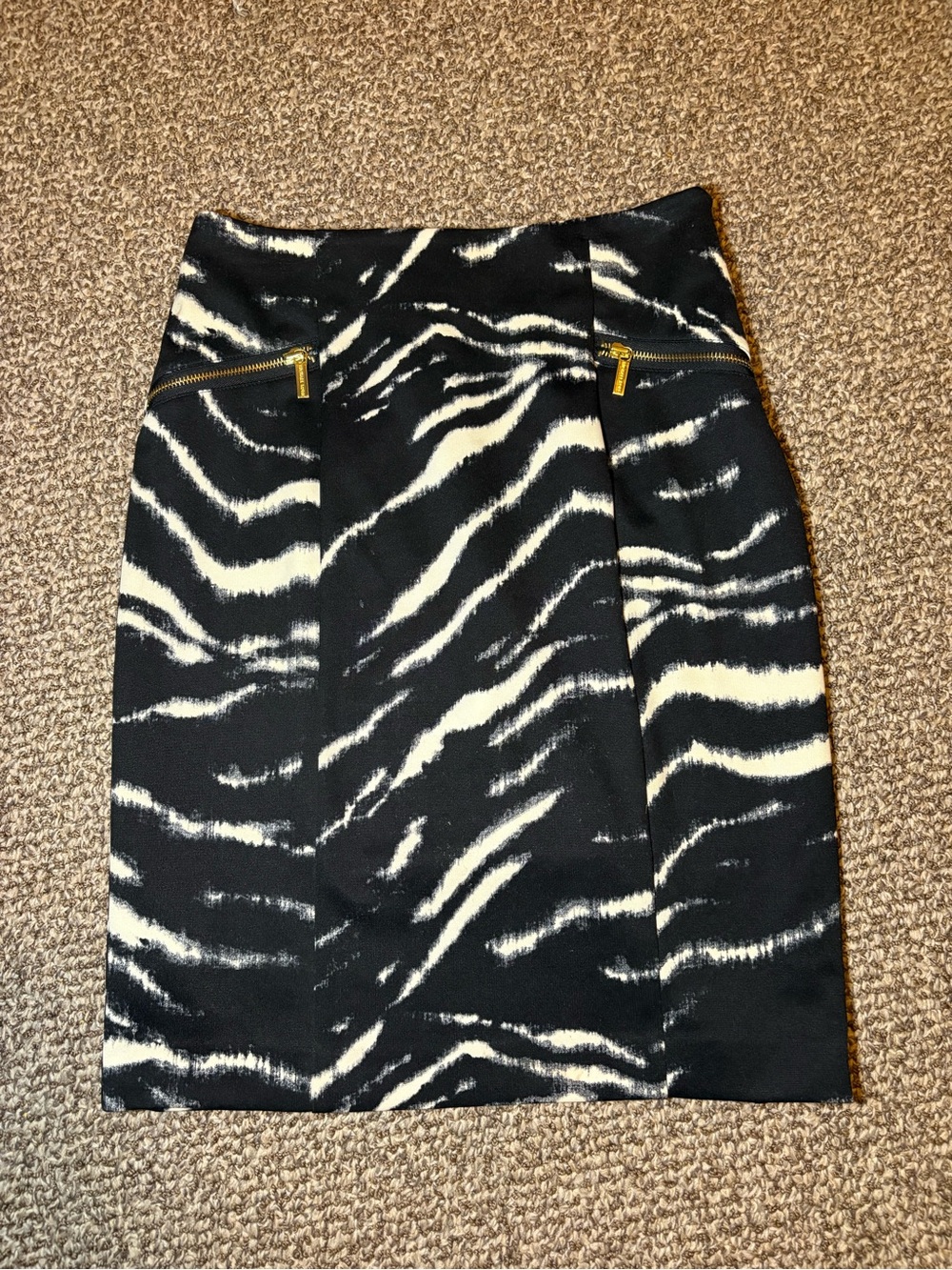MICHAEL Michael Kors Black and White Zebra Pencil Skirt with Gold Zippers